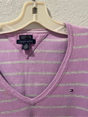 Tommy Hilfiger Lavender and Gray Striped V-Neck Sweater